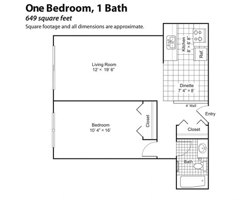 Floor plan for 1 bed, 1 bath, 648 sqft